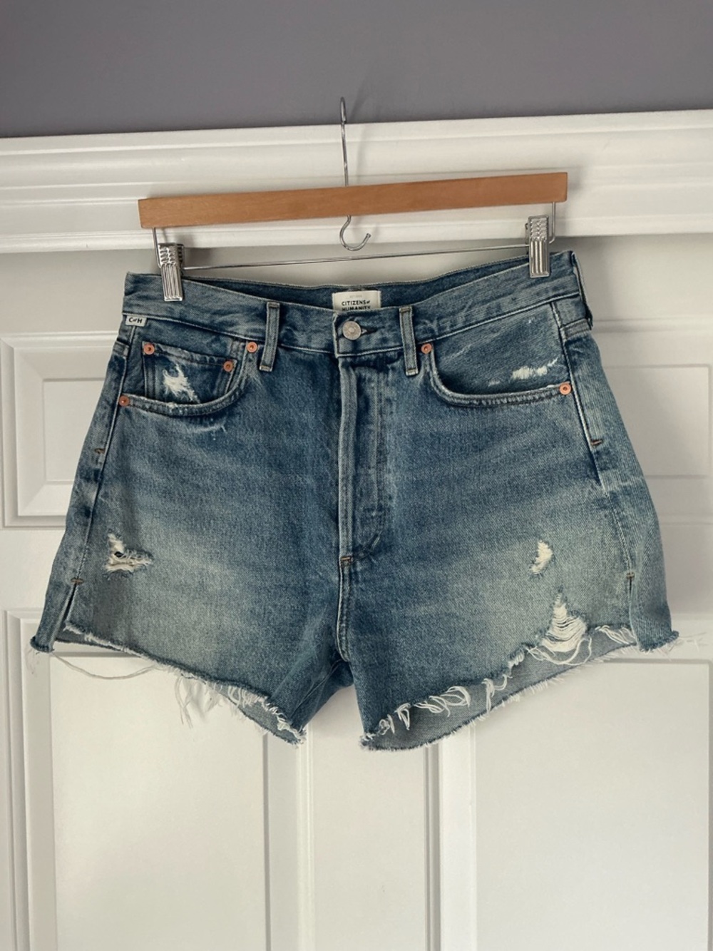 Citizens Of Humanity Marlow Blue High-Waist Distressed Cutoff Jean Shorts 28